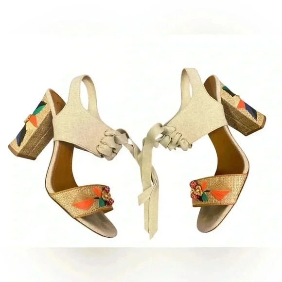 TORY BURCH Geraldine Raffia & Linen Lace-Up Sandals Size 9.5 - Picture 3 of 13